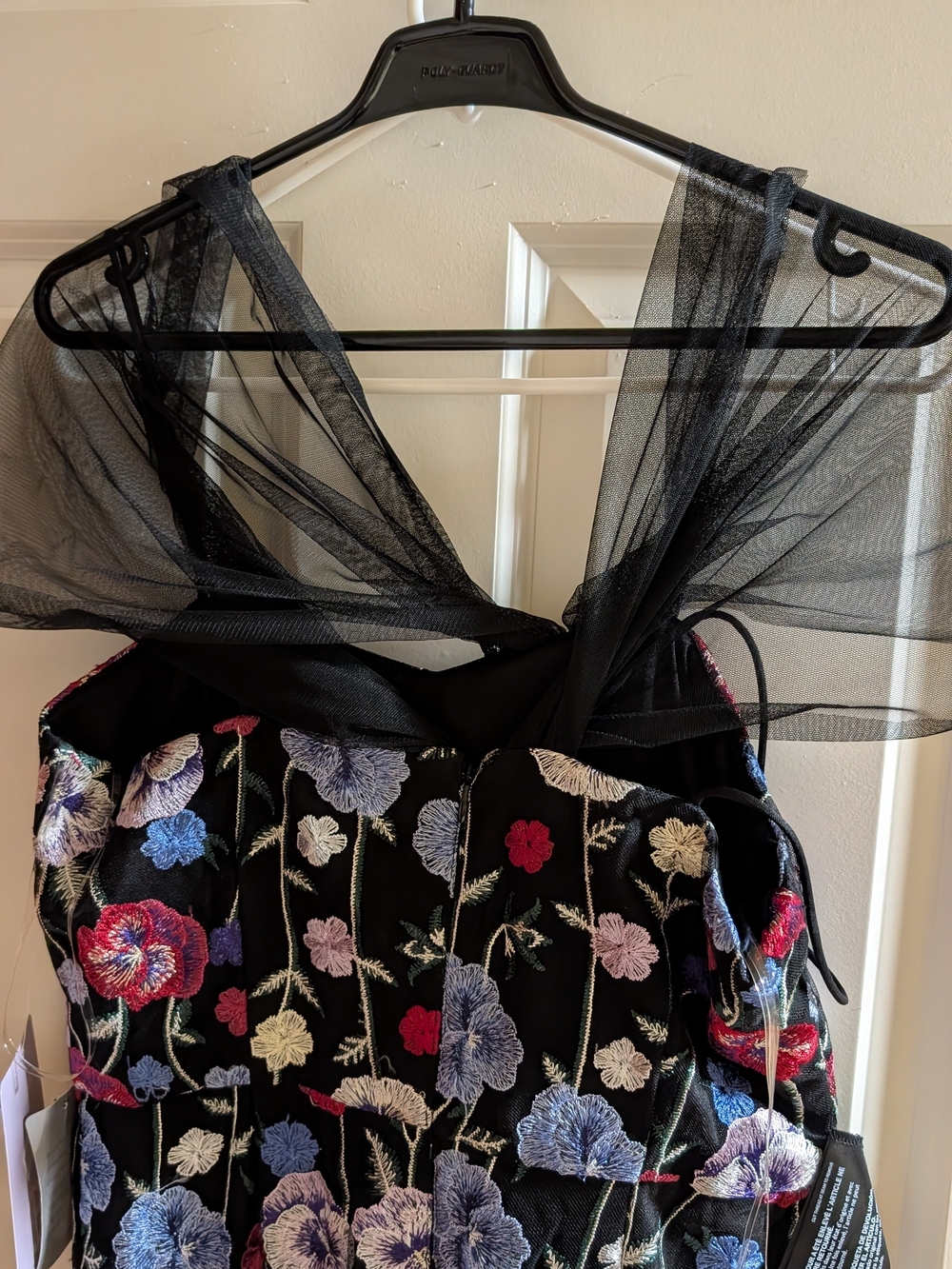 Black Floral Embroidered Tulle Strap Women's Dress